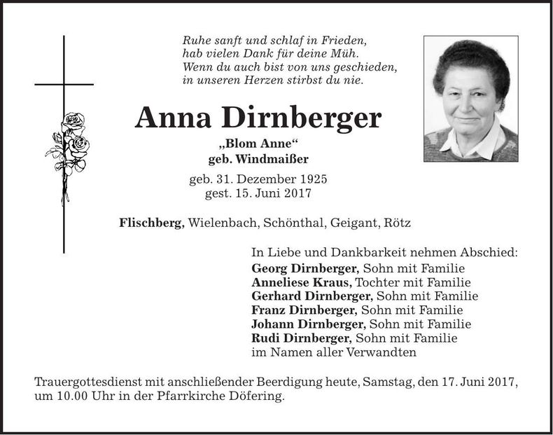 Traueranzeige Anna Dirnberger