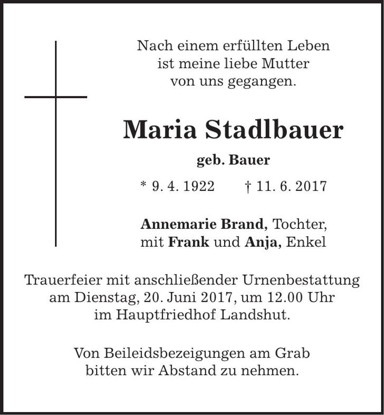 Traueranzeige Maria Stadlbauer