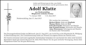 Traueranzeige Adolf Klatte