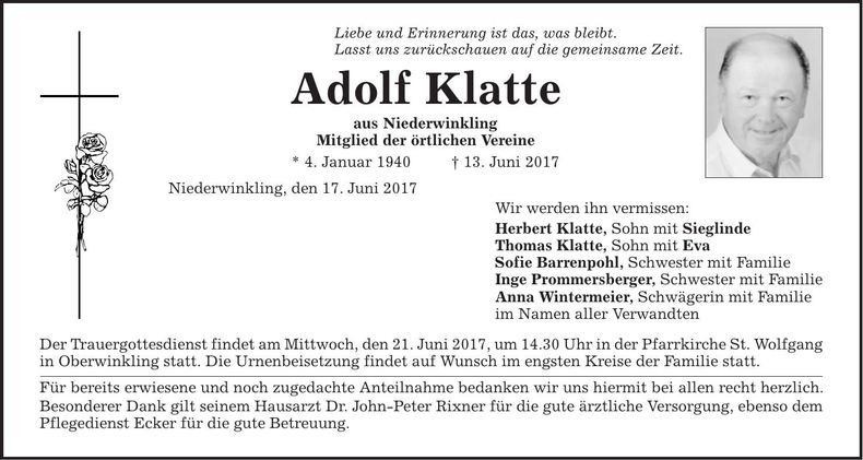 Traueranzeige Adolf Klatte