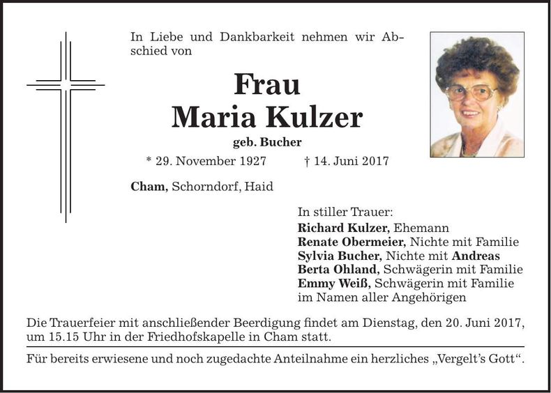 Traueranzeige Maria Kulzer