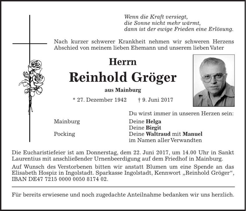 Traueranzeige Reinhold Gröger