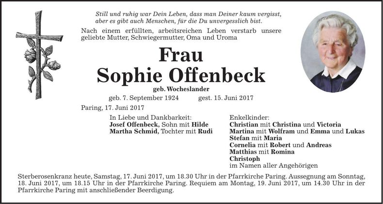 Traueranzeige Sophie Offenbeck