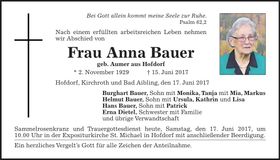 Traueranzeige Anna Bauer