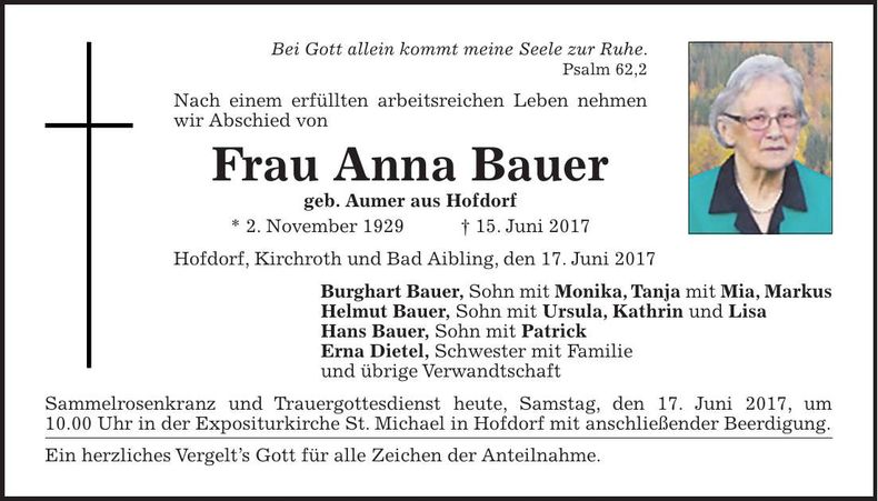 Traueranzeige Anna Bauer