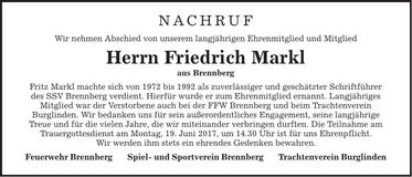 Traueranzeige Friedrich Markl