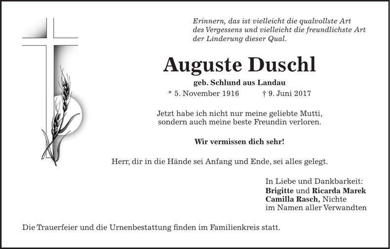 Traueranzeige Auguste Duschl