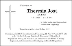 Traueranzeige Theresia Jost