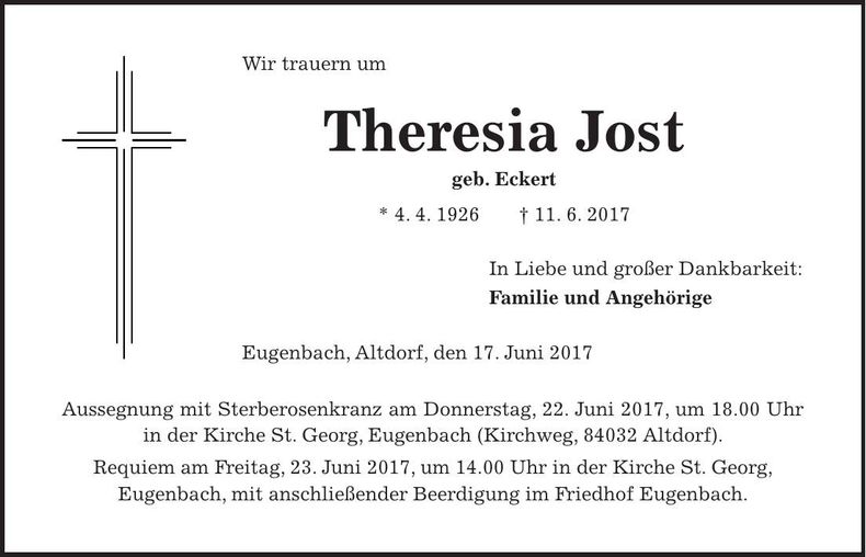 Traueranzeige Theresia Jost