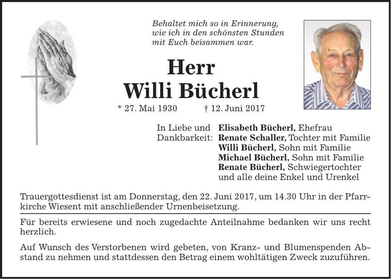 Traueranzeige Willi Bücherl