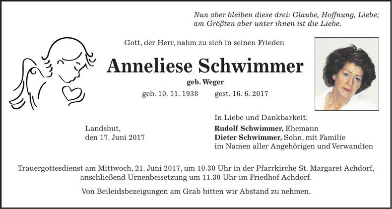 Traueranzeige Anneliese Schwimmer