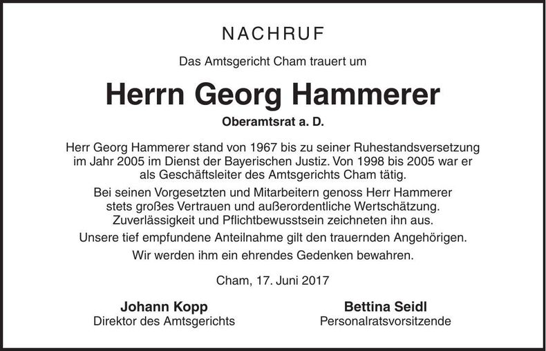 Traueranzeige Georg Hammerer