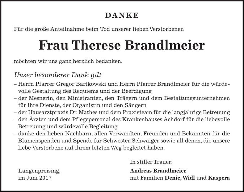 Traueranzeige Therese Brandlmeier