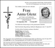 Traueranzeige Anna Glenz