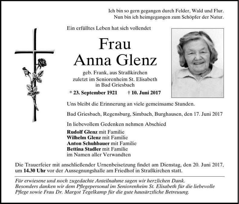 Traueranzeige Anna Glenz