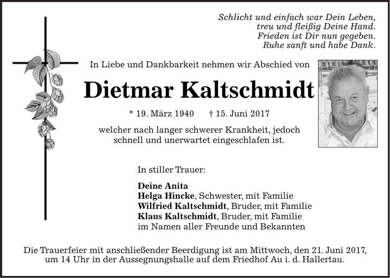 Traueranzeige Dietmar Kaltschmidt