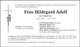 Traueranzeige Hildegard Adolf