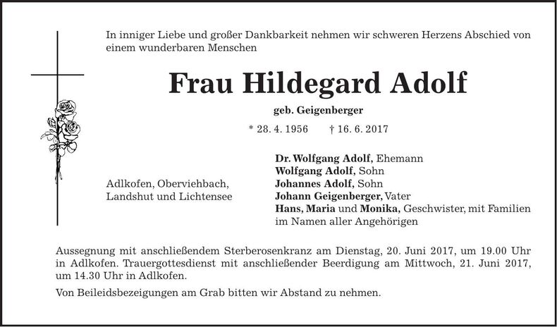 Traueranzeige Hildegard Adolf