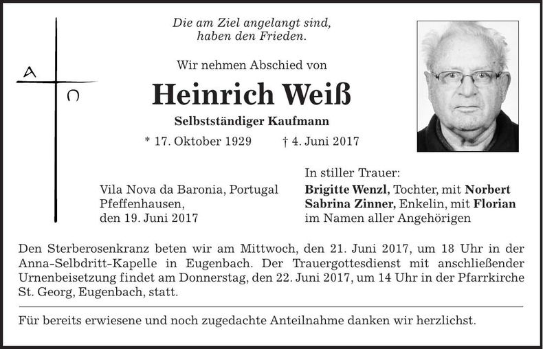 Traueranzeige Heinrich Weiß