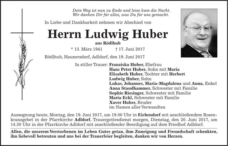 Traueranzeige Ludwig Huber