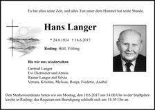 Traueranzeige Hans Langer