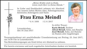 Traueranzeige Erna Meindl