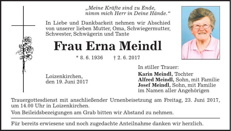 Traueranzeige Erna Meindl