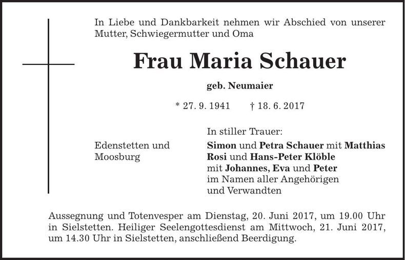 Traueranzeige Maria Schauer