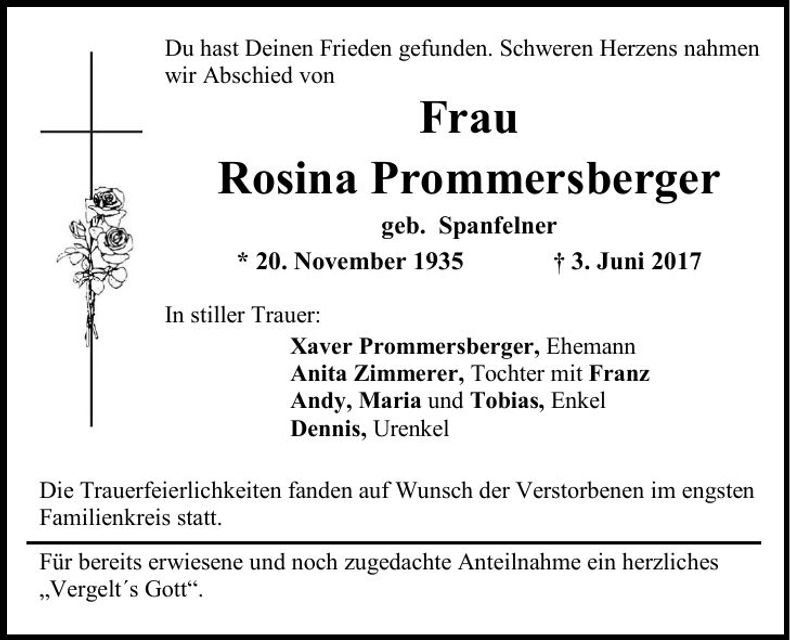 Traueranzeige Rosina Prommersberger