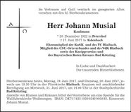 Traueranzeige Johann Musial