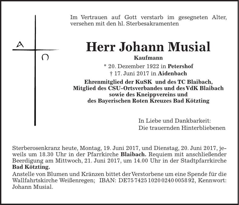 Traueranzeige Johann Musial