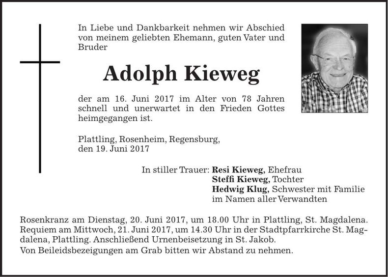 Traueranzeige Adolph Kieweg