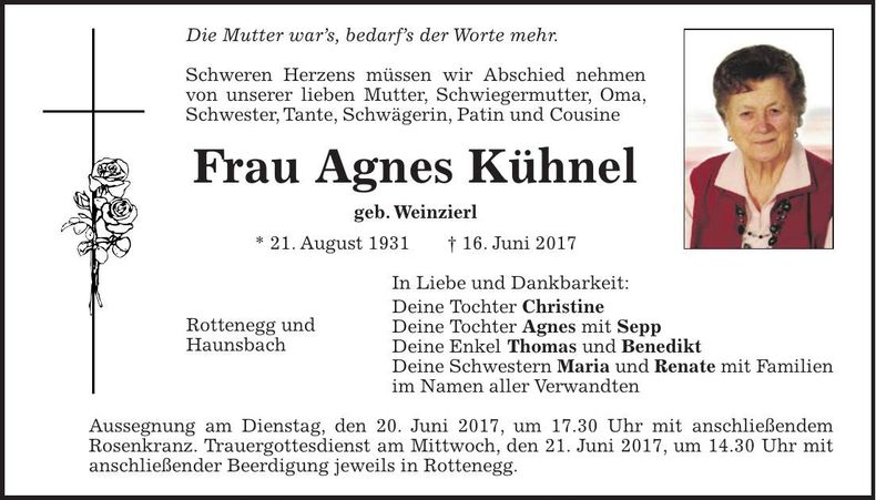 Traueranzeige Agnes Kühnel