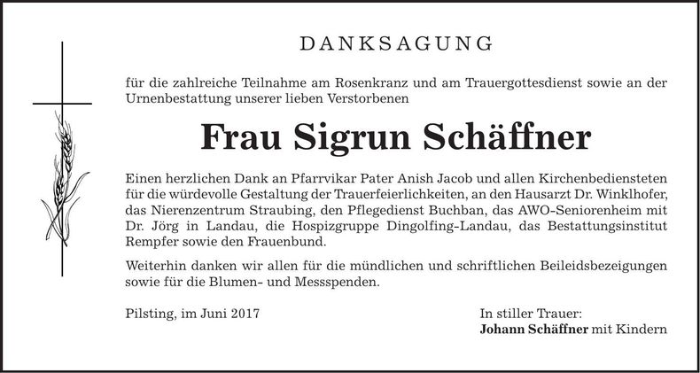 Traueranzeige Sigrun Schäffner