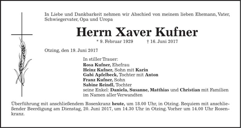 Traueranzeige Xaver Kufner