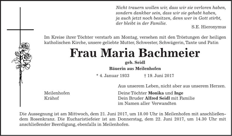 Traueranzeige Maria Bachmeier