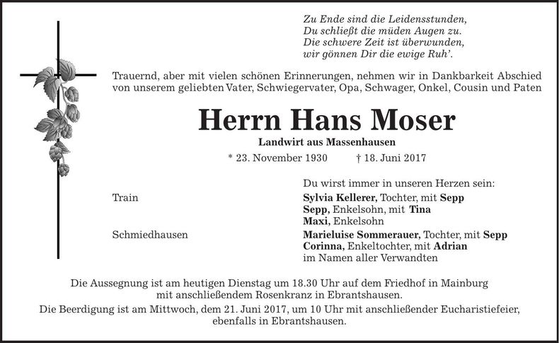Traueranzeige Hans Moser