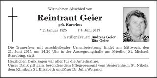 Traueranzeige Reintraut Geier