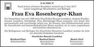 Traueranzeige Eva Rosenberger-Khan
