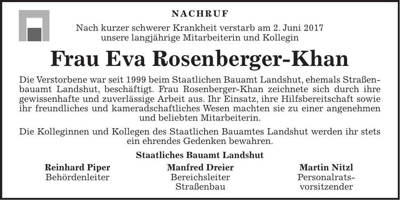 Traueranzeige Eva Rosenberger-Khan