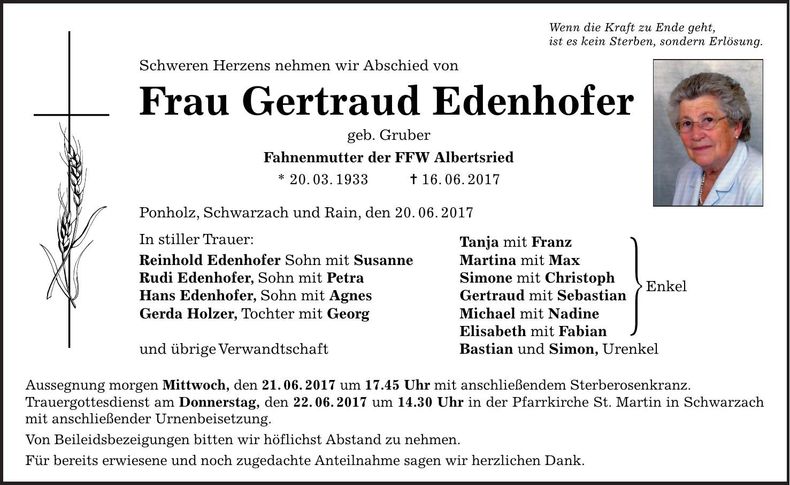 Traueranzeige Gertraud Edenhofer
