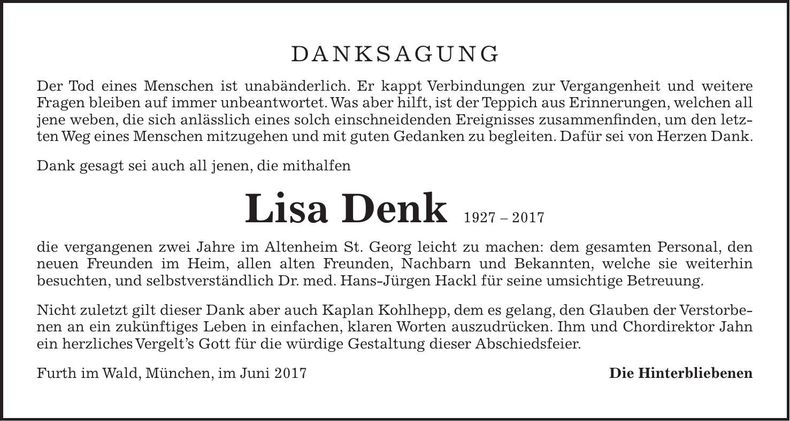 Traueranzeige Lisa Denk