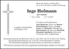 Traueranzeige Inge Hofmann