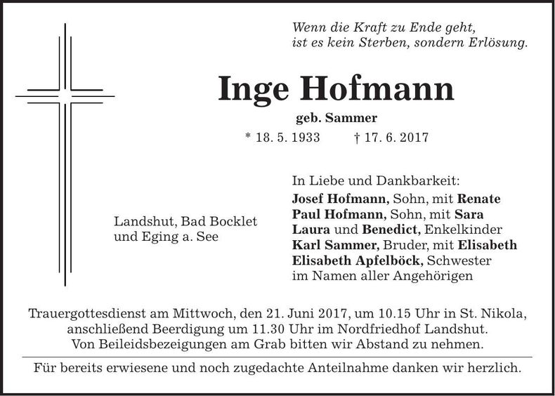 Traueranzeige Inge Hofmann
