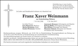 Traueranzeige Franz Xaver Weinmann