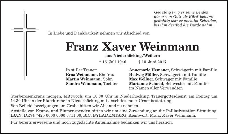 Traueranzeige Franz Xaver Weinmann