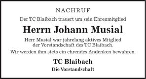 Traueranzeige Johann Musial