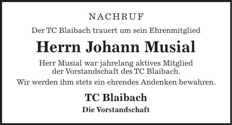 Traueranzeige Johann Musial