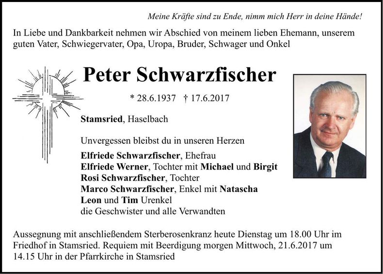 Traueranzeige Peter Schwarzfischer