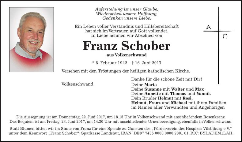 Traueranzeige Franz Schober